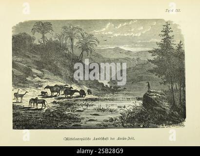 Werden und vergehen, Berlin, Gebrüder Borntraeger, 1886., die Szene fängt eine ruhige Landschaft mit sanften Hügeln und fernen Bergen unter bewölktem Himmel ein. Im Vordergrund schlängelt sich ein sanfter Bach durch felsiges Gelände, umgeben von Grasflecken und verstreuten Bäumen. Eine Gruppe von Kühen weidet friedlich am Ufer des Wassers und verleiht der Umgebung einen pastoralen Charme. Im Hintergrund steigt das Gelände dramatisch an, mit hohen Bäumen und zerklüfteten Klippen, die ein Gefühl von Tiefe und natürlicher Schönheit schaffen. Die Gesamtkomposition ruft eine ruhige Atmosphäre hervor und unterstreicht die Einfachheit und den Schaden Stockfoto