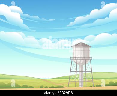 Großer Wasserturm aus Metall mit zylindrischem Tank und verstärktem Stahlrahmen. Hohe, erhöhte Struktur zur Wasserspeicherung. Vektordarstellung mit Stock Vektor