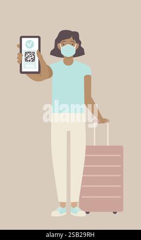 Junge Frau, die einen Gesundheitspass auf einem Mobiltelefon vorzeigt, was auf eine Impfung gegen covid-19 hinweist. Gültiges digitales Zertifikat mit qr-Code. Immuni Stock Vektor