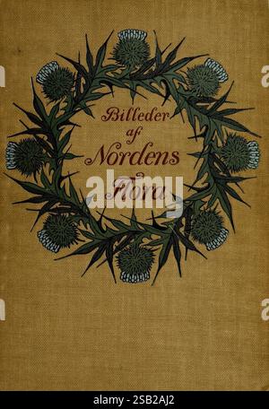Billeder af Nordens Flora, København, G.E.C. Gad, 1901-1903 [d. h. 1907], Bildwerke, Pflanzen, Skandinavien, das Design zeigt eine kunstvolle kreisförmige Anordnung von Distelpflanzen, die ihre unverwechselbaren, spitzen Blätter und blühenden Blüten zeigen. Diese Elemente sind aufwändig illustriert und umgeben den zentralen Text mit der Aufschrift „Billeder af Nordens Flora“, was „Bilder der Flora des Nordens“ bedeutet. Der Hintergrund hat ein strukturiertes Erscheinungsbild, das die gesamte Vintage-Ästhetik des Kunstwerks unterstreicht. Dieses Stück dient wahrscheinlich als Cover für ein botanisches Buch, das die Flora Specifi hervorhebt Stockfoto