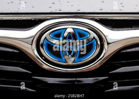 München, Deutschland. Januar 31, 2025. Die Ellipsen, das Markenlogo von Toyota, sind am 31. Januar 2025 auf dem Kühlergrill eines Autos des Automobilherstellers in München (Bayern) zu sehen. Die Toyota Motor Corporation ist ein multinationales Unternehmen und einer der größten Automobilhersteller der Welt. Quelle: Matthias Balk/dpa/Alamy Live News Stockfoto