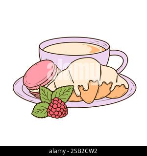 Lavendeltasse Kaffee oder Tee, Himbeere, Macaron, Croissant mit Sahneglasur, auf einen kleinen Teller gelegt. Vektor einfache und elegante Illustration Stock Vektor