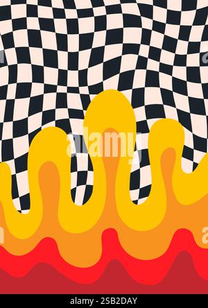 Abstraktes psychedelisches Schachbrettmuster mit flüssigem Feuer oder Lava. Grooviger Retro-Hintergrund mit kariertem Muster. Trendige Vektortextur in abstrakter Form Stock Vektor
