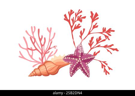 Bunte Meereslebewesen eine Illustration mit Korallen, Muscheln und Seestern in der Natur Vektor-Illustration auf weißem Hintergrund. Stock Vektor