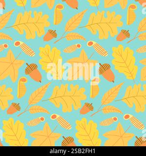 Verspielte gelbe Blätter, Eicheln und Farne vor hellblauem Hintergrund, perfekt für Illustrationen mit Naturmotiven und herbstlich inspirierte Designs Stock Vektor