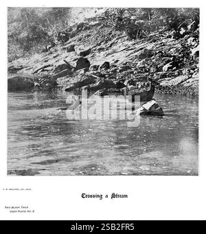 Hufe, Klauen und Geweihe der Rocky Mountains, vor der Kamera. Denver, Co. F.S. Thayer, 1894. Tiere, malerische Werke. Eine ruhige Szene, die einen ruhigen Bach darstellt, der sanft durch eine felsige Landschaft fließt. Im Vordergrund bewegen sich zwei Hirsche vorsichtig durch das Wasser, ihre Reflexionen sind in der ruhigen Oberfläche sichtbar. Das umliegende Laub deutet auf eine üppige Umgebung hin, mit Bäumen und Sträuchern, während die felsigen Ufer eine natürliche Wildnis suggerieren. Der Titel „Crossing a Stream“ lädt die Zuschauer ein, die empfindliche Interaktion zwischen Wildtieren und ihrem Lebensraum zu schätzen. Die allgemeine Stimmung i Stockfoto