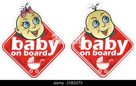 Schilder an Bord des Babys mit lächelnden Gesichtern, geeignet für Autofenster und zur Förderung der Kindersicherheit. Stock Vektor