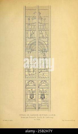 Belgique, Gartenbau, Lüttich, Botanik, Gartenbau, Zeitschriften, Pflanzen, die Illustration zeigt eine detaillierte Darstellung eines Buntglasfensters aus St. Pauls in Lüttich, das 1559 von Remacle Fuchs aus Limburg geschaffen wurde. Das Kunstwerk ist in mehrere Abschnitte unterteilt und zeigt kunstvolle Designs und Figuren. Hervorzuheben sind zwei zentrale Figuren in langen Gewändern, die religiöse oder historische Bedeutung repräsentieren, mit komplexen architektonischen Elementen, die sie umrahmen. Unter den Figuren befinden sich Wappen oder Embleme, die das Thema des Kulturerbes unterstreichen. Das gesamte Design reflektiert mittelalterliche Kunstgestelle Stockfoto