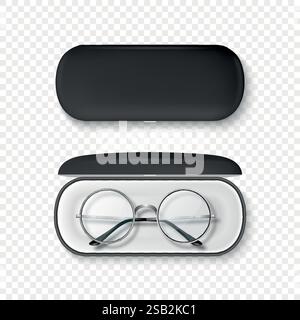 Vector 3D realistische Stahl Silber Grau Farbe Rahmen Brille und Schwarz Gehäuse Set. Runde Sonnenbrille und Tasche. Vintage-Brillen, Etui, Draufsicht. Design Stock Vektor