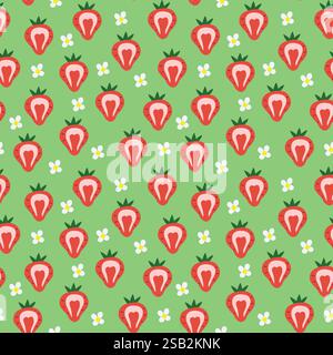 Süßes hellgrünes nahtloses Muster mit geschnittenen Erdbeeren. Pastellfarbenes Textildesign. Stock Vektor