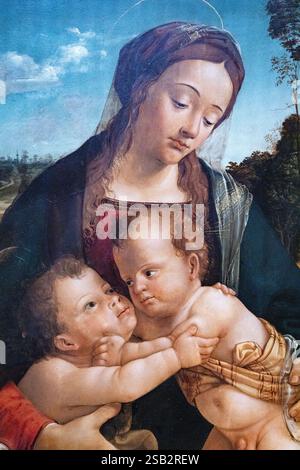 Piero di Cosimo Gemälde; Jungfrau und Kind mit dem Kleinkind Johannes dem Täufer; 1494-1500; Detail aus Tondo; italienische Renaissance-Kunst aus dem 15. Jahrhundert. 1400er Jahre Stockfoto