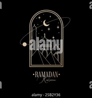 Ramadan Kareem Hintergrund mit ägyptischen Pyramiden, Moschee unter einem Halbmond Mond in einem Bogenrahmen. Ramadan Mubarak Begrüßung Social-Media-Postvorlage Stock Vektor