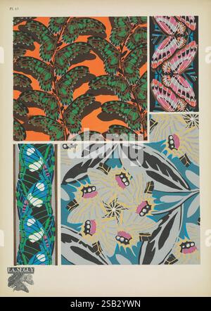 Papillons, Paris, Tolmer [ca. 1925], Tierformen, Schmetterlinge, Dekoration und Ornamente, Bildwerke, Insekten, schmetterlinge, Arthropoden, Arthropoden, Histsciart, Sciartfix, ig – diese Komposition zeigt eine Sammlung komplizierter Muster, die jeweils einzigartige Designelemente und Farbthemen widerspiegeln. In der oberen linken Ecke bildet ein lebhaftes Blattmotiv in sattem Grün einen Kontrast zu einem kräftigen orangefarbenen Hintergrund, der für eine beeindruckende visuelle Dynamik sorgt. Oben rechts befindet sich ein zartes Arrangement aus stilisierten Blumen in zartem Rosa und weiß, umgeben von eleganten Kurven. Der untere linke Abschnitt zeigt eine Stockfoto
