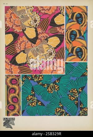 Papillons, Paris, Tolmer [ca. 1925], Tierformen, Schmetterlinge, Dekoration und Ornamente, Bildwerke, Insekten, schmetterlinge, Arthropoden, Arthropod, Ein lebendiges Flickwerk aus komplizierten Designs mit großen, stilisierten Schmetterlingen mit auffälligen gelben und orangen Mustern auf einem auffälligen rosa Hintergrund. Um sie herum befinden sich verschiedene Blumenmotive, durchsetzt mit abstrakten Formen, darunter große Blätter in satten grünen Tönen, die mit lebhaften orange und gelben Akzenten verziert sind. Die Komposition besteht aus einer Mischung aus geometrischen Elementen und organischen Formen, die ein lebendiges und dynamisches visuelles Erlebnis schaffen. In Stockfoto
