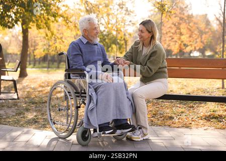 Betreuungsperson hilft Senioren im Rollstuhl im Park. Häuslicher Gesundheitsdienst Stockfoto