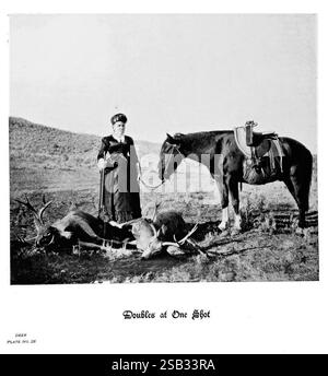 Hufe, Klauen, Geweihe, Rocky Mountains, Kamera, Denver, Co, F.S. Thayer, 1894, Animals, Eine Frau steht selbstbewusst neben einem Pferd, hält die Zügel, während sie im Vordergrund posiert. In der Kulisse befinden sich zwei große Hirsche, die eine erfolgreiche Jagd zeigen. Die Frau trägt alte Kleidung, was auf ein Gefühl von Stolz und Leistung hindeutet. Der Hintergrund besteht aus einer weiten, offenen Landschaft, die den Fokus auf die dargestellten Leistungen verstärkt. Die Unterschrift unten lautet „Doppelbilder bei einem Schuss“, was die Bedeutung des Moments unterstreicht, der in dieser Szene festgehalten wird. Stockfoto