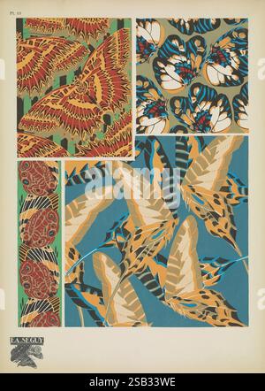 Papillons, Paris, Tolmer [ca. 1925], Tierformen, Schmetterlinge, Dekoration und Ornamente, Bildwerke, Insekten, Schmetterlinge, Arthropoda, Arthropod, Histsciart, Eine optisch eindrucksvolle Komposition mit einer Reihe dekorativer Muster, die von der Natur inspiriert sind. Der obere linke Quadrant zeigt aufwendig gestaltete Schmetterlinge mit kräftigen, feurigen Farben und symmetrischen Mustern. Daneben befindet sich im rechten oberen Quadranten eine fesselnde Reihe von Schmetterlingen mit leuchtenden Flügeln in Blau-, Orange- und Weißtönen vor einem kontrastierenden Hintergrund. Im unteren linken Bereich wird eine Sequenc angezeigt Stockfoto