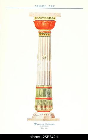 Die australische Flora in der angewandten Kunst. [Sydney, W. A. Gullick, Regierungsdrucker] 1915. Dekoration und Ornament, Blumen in der Kunst, Pflanzenformen, Teleopea in der Kunst, die Illustration zeigt ein kunstvolles Säulendesign, gekennzeichnet durch einen geriffelten Schaft, der mit komplizierten Blumenmotiven und geometrischen Mustern entlang der Basis und Mitte verziert ist. An der Oberseite trägt eine dekorative Hauptstadt eine lebendige Schüssel, die mit ihrem kräftigen roten Farbton einen Farbakzent verleiht. Das Gesamtdesign spiegelt klassische architektonische Elemente wider und zeigt handwerkliches Können, das Eleganz und funktionale Kunstfertigkeit vereint. Um die Säule herum sind Dekora Stockfoto