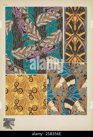 Papillons, Paris, Tolmer [ca. 1925], Tierformen, Schmetterlinge, Dekoration und Ornamente, Bildwerke, Insekten, Schmetterlinge, Arthropoda, Arthropod, die Komposition verfügt über eine künstlerische Anordnung von vier verschiedenen Mustern, die jeweils eine einzigartige Mischung aus Farben und Motiven zeigen. 1. Der obere linke Abschnitt zeigt ein Design mit großen Motten mit komplizierten Flügelmustern in Braun- und Brauntönen, durchsetzt mit violetten Akzenten vor einem strukturierten Hintergrund, der an Baumrinde erinnert. 2. Der obere rechte Abschnitt zeigt ein fettgedrucktes, abstraktes Muster, das durch langgezogene Formen gekennzeichnet ist, die darauf hindeuten könnten Stockfoto
