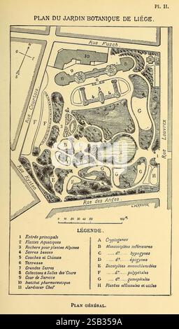 Belgique horticole Lüttich Botanik Gartenbauzeitschriften Pflanzen, Ein detaillierter botanischer Gartenplan von Lüttich, der verschiedene Merkmale und Bereiche des Gartens hervorhebt. Das Layout umfasst Wege, verschiedene Abschnitte, die mit Buchstaben und Zahlen gekennzeichnet sind, und verschiedene Pflanzensammlungen. Zu den wichtigsten Bereichen auf der Karte gehören der Haupteingang, alpine Pflanzen und verschiedene Gartenstile. Die Legende erklärt die verwendeten Symbole, während das Gesamtdesign die komplizierte Organisation und das vielfältige Angebot des botanischen Gartens betont und Besucher einlädt, seine reiche natürliche Schönheit zu erkunden. Stockfoto