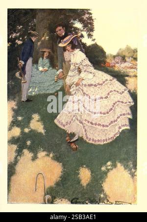 Der Köder des Gartens, New York, The Century Co, 1911, Gardens, eine gemütliche Szene entfaltet sich in einem malerischen Garten, in dem drei elegant gekleidete Personen eine Runde Krocket spielen. Die Männer, die in stilvollen Anzügen und Hüten verziert sind, stehen aufmerksam, während sich eine Frau in einem fließenden, aufwendig gestalteten Kleid mit zarter Spitze auf einen Ball vorbereitet. Umgeben von ihnen ist eine üppige Landschaft voller blühender Blumen und Grün, die eine ruhige Atmosphäre schafft. Die Interaktion zwischen der Gruppe deutet auf einen Moment der Gesellschaft und der Freizeit hin, in dem das Wesen des sozialen Akts im Freien festgehalten wird Stockfoto