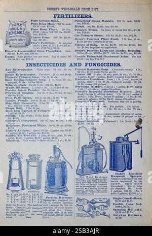 Dreers vierteljährliche Großhandelspreisliste für Gemüsesamen, Blumensamen, Zwiebeln, Aquarien, dekorative Pflanzen, harte Anlagen, Werkzeuge, Arbeitsgeräte usw. Philadelphia, Pa, Henry A. Dreer, 1900. Blumen, Gemüse, Samen, Kataloge, Gartenwerkzeuge, Gärtnereien, Gartenbau, Henry A. Dreer, Zwiebeln, Pflanzen, Garden Stories, in Bloom, zeigt das Bild eine alte Preisliste von Dreer's Wholesale, in der eine Reihe von Gartenprodukten gezeigt wird, darunter Düngemittel, Insektizide und Fungizide. Die Liste ist in Abschnitte gegliedert, in denen Artikel wie reines Knochenmehl und verschiedene Lösungen zur Schädlingsbekämpfung aufgeführt sind. Illustra Stockfoto