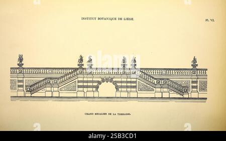 Belgique Horticole Liége Botany Horticulture Zeitschriften Pflanzen, die Abbildung zeigt die komplizierte Fassade des Instituts D'Bavière und betont seine architektonischen Details. Zu den bemerkenswerten Elementen zählen kunstvolle Skulpturen entlang der Dachlinie und dekorative Motive auf dem Balkon und dem Eingang. Das Design spiegelt klassische Einflüsse mit einer symmetrischen Anordnung und akribischer Handwerkskunst wider und unterstreicht die Pracht der Struktur. Die Komposition verfügt auch über einen großen bogenförmigen Eingang, der als Mittelpunkt dient und die gesamte Eleganz des Gebäudes ergänzt. Stockfoto