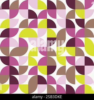 Ein nahtloses geometrisches Muster mit abstrakten Kreisformen in Rosa-, Braun- und Limettengrün-Tönen, Stockfoto