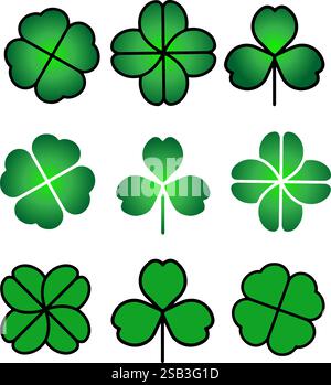 Grüne Kleeblatt-Symbol. St. Patrick-Tag-Symbol, Leprechaun-Blatt-Schild. Kleeblatt isoliert, flaches dekoratives Element. Stock Vektor