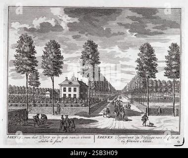 De Zegepraalende Vecht, T'Amsteldam, by de Wed, 1719, Niederlande, Gärten, Europa, Frühwerke, Städte und Städte, Bildwerke, Vechte River, Vechte River Deutschland und Niederlande, Eine ruhige Landschaft, die eine sorgfältig gepflegte, von hohen Bäumen gesäumte Allee darstellt, die zu einem charmanten Haus inmitten üppiger Grünanlagen führt. Im Vordergrund kreuzen Pferdekutschen und Figuren zu Fuß den breiten Weg, was auf eine gemütliche Atmosphäre hindeutet. Der Hintergrund zeigt eine ruhige Dorfszene mit Gebäuden und Feldern, die sich zum Horizont hin erstrecken. Das Bild zeigt eine harmonische Mischung aus Stockfoto