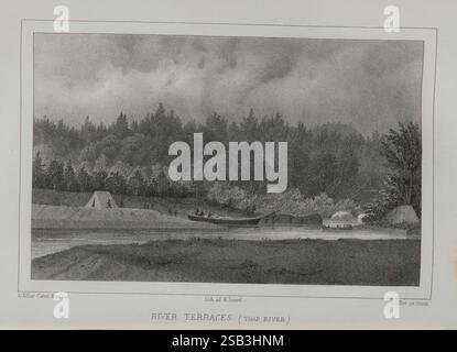 Der See hat seinen Charakter, seine Vegetation und seine Tiere im Vergleich zu anderen ähnlichen Regionen. Boston, Gould, Kendall & Lincoln, 1850. Die Szene zeigt eine ruhige Flusslandschaft mit sanften Hängen und dichten Bäumen am Ufer. Zwei Boote sind auf dem Wasser zu sehen, was auf eine entspannte Aktivität oder vielleicht Angeln hinweist. Entlang der Küste weisen einfache Zelte auf einen Campingplatz oder eine vorübergehende Siedlung hin, die sich in die natürliche Umgebung einfügt. Der Himmel ist mit einer Mischung aus Wolken geschmückt, die eine dynamische Kulisse schaffen, die der ruhigen Umgebung Tiefe verleiht. Die allgemeine Atmosphäre vermittelt ein Gefühl von Stockfoto