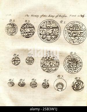 Die sechs Reisen von John Baptista Tavernier, London, gedruckt für R.L. und M. S. 1678. Indien, Türkei, Iran, Beschreibung und Reisen, Reisen und Reisen, das Bild zeigt eine Reihe detaillierter Abbildungen von Münzen, die verschiedene Entwürfe und Inschriften darstellen. Jede Münze ist nummeriert und beschriftet, um Einblicke in ihre Merkmale und Herkunft zu erhalten. Die Inschriften zeigen komplizierte Kalligrafien und Symbole, die kulturelle und historische Aspekte der Münzen darstellen, die der Herrschaft des Königs von Persien zugeschrieben werden. Das Arrangement zeigt Münzen verschiedener Größen und Designs, Highlighti Stockfoto