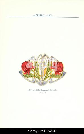 Die australische Flora in der angewandten Kunst, Dekoration und Ornament, Blumen in der Kunst, Pflanzenformen, Telopea in der Kunst, eine wunderschön gestaltete, vergoldete Emaille-Schnalle mit einem komplizierten Arrangement aus leuchtend roten Blumen. Die Blumenmotive sind elegant miteinander verflochten und zeigen feine Handwerkskunst und Liebe zum Detail. Das Design wird durch zarte Silberelemente ergänzt, die eine harmonische Balance zwischen den farbenfrohen Blüten und den metallischen Akzenten schaffen. Dieses Stück veranschaulicht die Kunstfertigkeit der angewandten Kunst und hebt sowohl Funktionalität als auch ästhetische Anziehungskraft hervor. Stockfoto