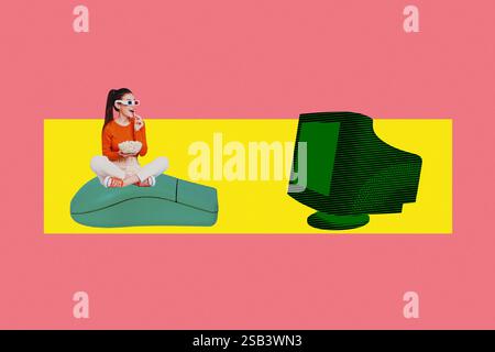 3D Foto Collage Vorlage Trend Artwork Skizze der jungen Dame tragen Kino Brille essen Popcorn Sit Maus Vintage Computer Monitor Display Stockfoto