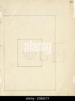 Chichen Itza, Mexiko, 1895, 1895, Anthropologie, Archäologie, Chichen Itza, Feldnotizen, Geologie, Illustrationen, Maya-Kunst, Mexiko, Yucatan-Halbinsel, Archive, viele Hüte von Holmes, die Illustration zeigt ein Gittermuster auf einem Blatt Papier, das eine Reihe geometrischer Formen zeigt. In der Mitte befindet sich eine größere rechteckige Form mit einem konzentrischen, kleineren Rechteck. Eingebettet in diese Konfiguration ist ein kreisförmiges Design, das sorgfältig umrissen ist. Rechts von den Mittelformen ist eine schmalere rechteckige Form dargestellt, die auf eine mögliche architektonische oder ingenieurtechnische Lage hindeutet Stockfoto