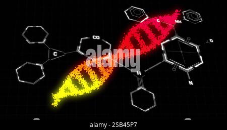 DNA-Strang und chemische Strukturen, Bild der wissenschaftlichen Datenverarbeitung Stockfoto