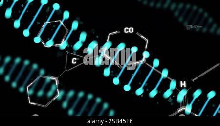 Chemische Struktur und DNA-Strangbild auf schwarzem Hintergrund Stockfoto