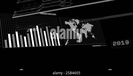 Bild der Datenverarbeitung und Diagramme auf schwarzem Hintergrund Stockfoto
