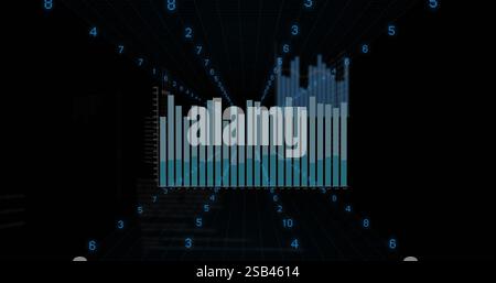 Bild der Datenverarbeitung und Diagramme auf schwarzem Hintergrund Stockfoto