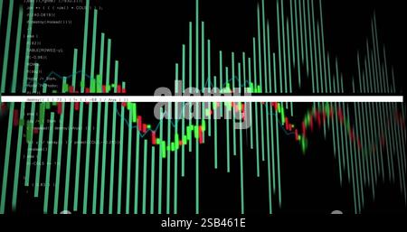 Bild der Analyse von Börsendaten über schwankendem Kerzendiagramm Stockfoto
