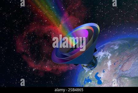 3D-Modell des SphereX-Weltraumteleskops, erstellt, um den kosmischen Raum in 102 Infrarotfarben zu kartieren. Teleskop umkreist den Planeten Erde gegen eine Galaxie im Hinterland Stockfoto