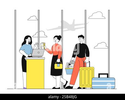 Abbildung: Check-in-Szene am Flughafen. Vektorabbildung Stock Vektor