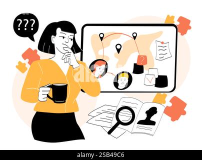 Frau löst Rätsel-Konzept. Vektorabbildung Stock Vektor
