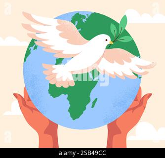 Taube hält Olivenzweig über der Erde. Vektorabbildung Stock Vektor