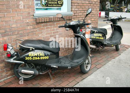 Nur Redaktionelle Verwendung. Key West, Florida, USA, 22. Januar 2025. Schwarze Motorroller zum Mieten auf einem gemauerten Gehweg neben einem Backsteingebäude. Red Fire hyd Stockfoto