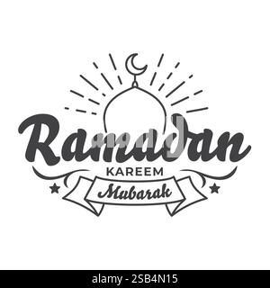 Ein stilisiertes Grafikdesign für Ramadan Kareem Mubarak mit Mondsichel, Moschee-Kuppel und elegantem Schriftzug. Stock Vektor