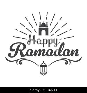 Ein festlicher Ramadan-Begrüßungsentwurf mit Moschee, Laterne und Kalligraphie. Stock Vektor