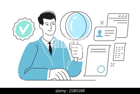 Dokumentenprüfung, Prüfung mit Lupe. Qualitätskontrolle und Zertifizierung Stock Vektor