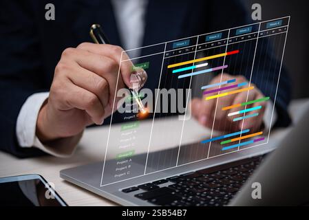 Gantt-Diagramm für die Zeitachse des Projektmanagements in Technologie online. Geschäftsplaner in der Terminplanverwaltung Systemaktualisierung und Workflow. Stockfoto