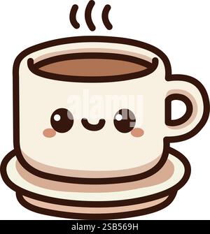 Lächelnde Kawaii Tasse heißen Kaffee mit dampfendem Aroma auf einer Untertasse Stock Vektor